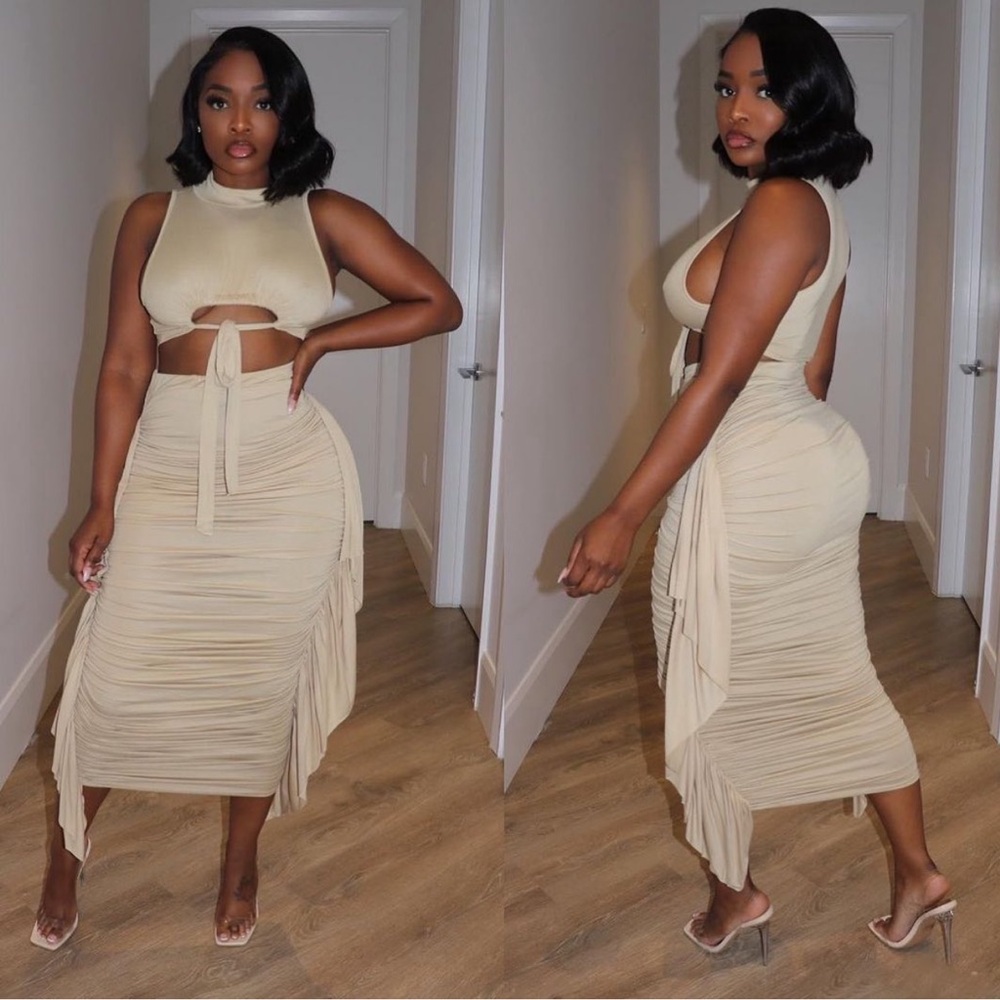 Nude Fringe Skirt Two Piece Set